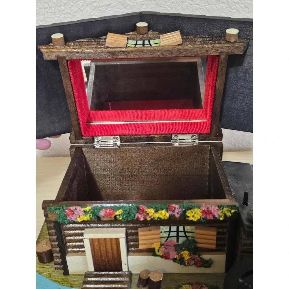 Vintage Japan Wood Chalet Music Box Water Wheel Alpine Cabin Jewelry Box Mirror